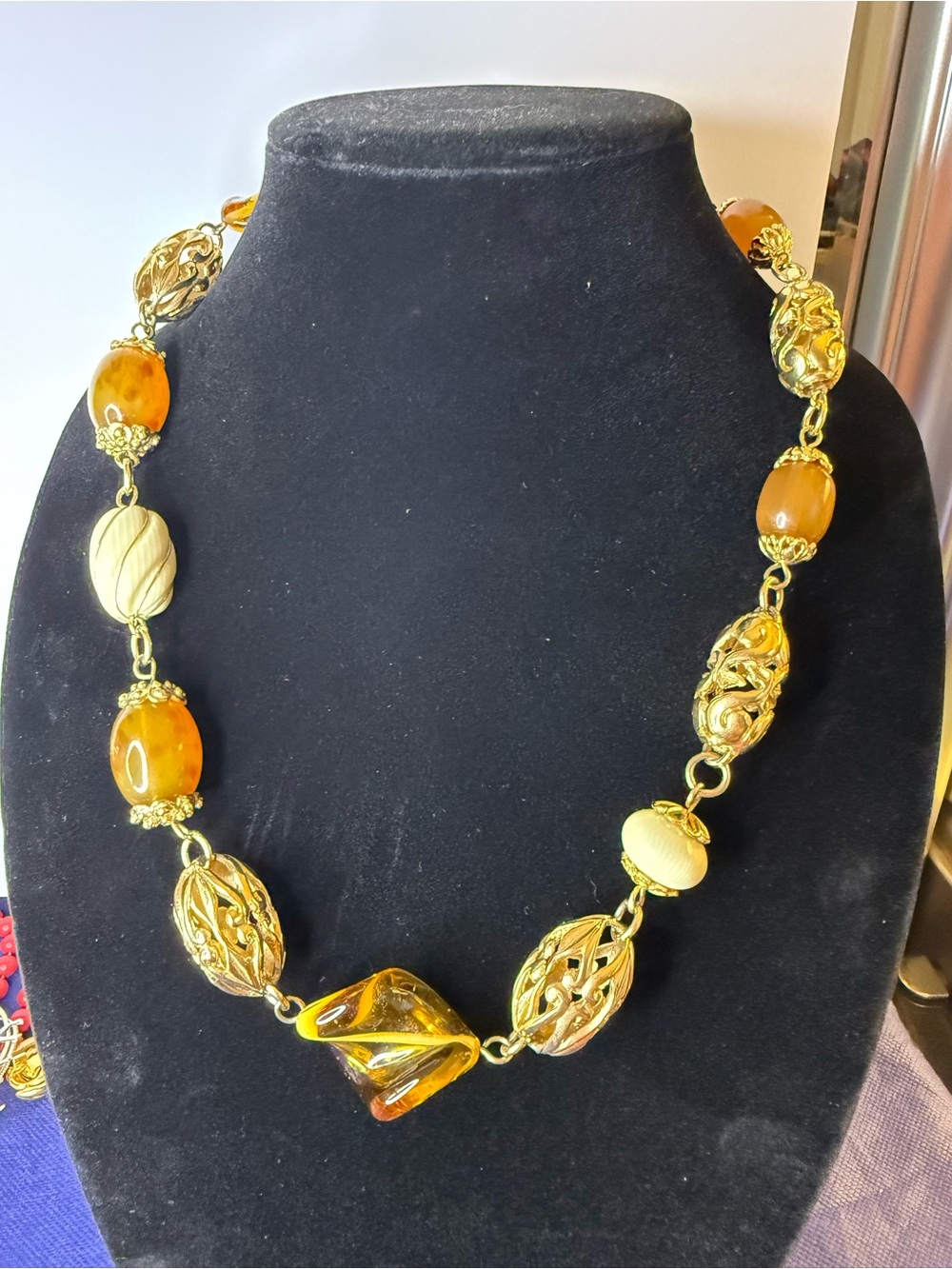 Vintage Amber & Silver Tone Endless Statement Necklace